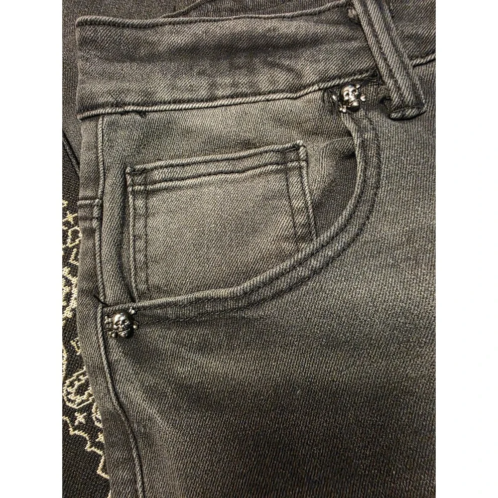 Rebel Vengeance Mens Black Faded Paisley Bandana Patchwork Skull Jeans Size 30